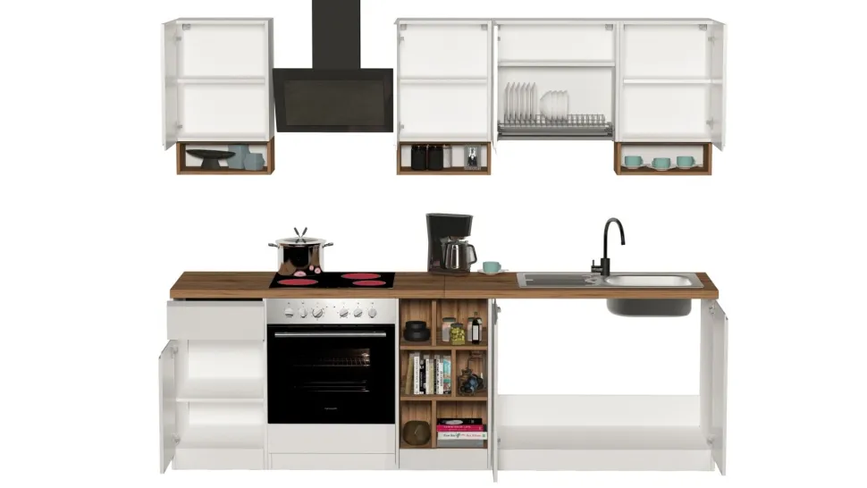 Cucina lineare moderna con maniglie a incasso in allumino Zenit in finitura Bianco Lucido e Rovere