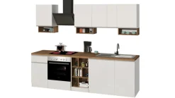 Cucina lineare moderna con maniglie a incasso in allumino Zenit in finitura Bianco Lucido e Rovere