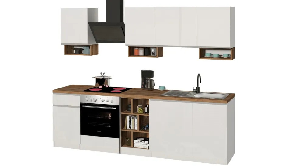 Cucina lineare moderna con maniglie a incasso in allumino Zenit in finitura Bianco Lucido e Rovere