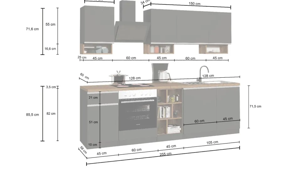 Cucina lineare moderna con maniglie a incasso in allumino Zenit in finitura Bianco Lucido e Rovere