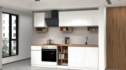 Cucina lineare moderna con maniglie a incasso in allumino Zenit in finitura Bianco Lucido e Rovere