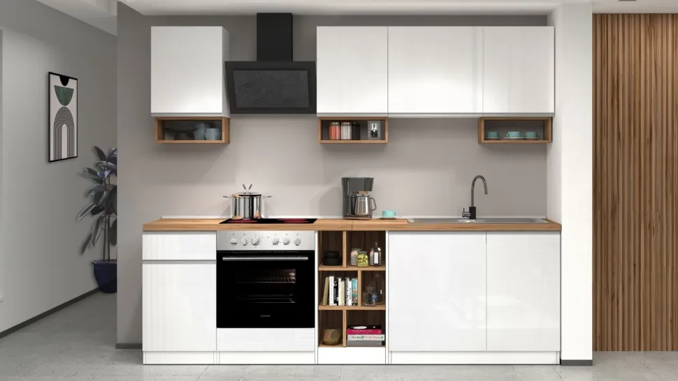 Cucina lineare moderna con maniglie a incasso in allumino Zenit in finitura Bianco Lucido e Rovere