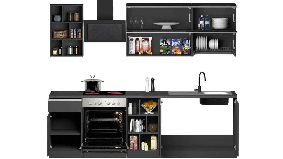 Cucina lineare moderna con maniglie a incasso in allumino Luis in finitura Antracite Opaco e Ardesia