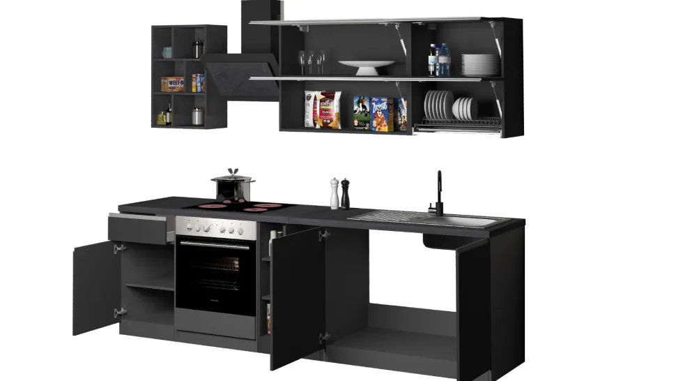 Cucina lineare moderna con maniglie a incasso in allumino Luis in finitura Antracite Opaco e Ardesia