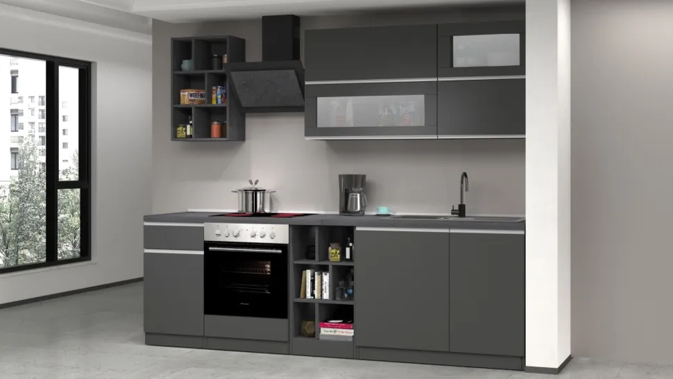 Cucina lineare moderna con maniglie a incasso in allumino Luis in finitura Antracite Opaco e Ardesia
