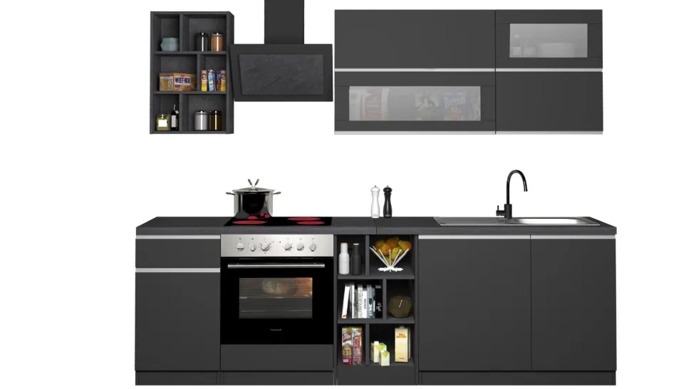 Cucina lineare moderna con maniglie a incasso in allumino Luis in finitura Antracite Opaco e Ardesia