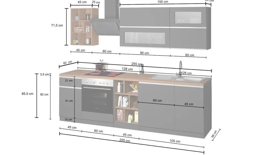 Cucina lineare moderna con maniglie a incasso in allumino Luis in finitura Antracite Opaco e Rovere