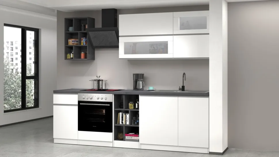 Cucina lineare moderna con maniglie a incasso in allumino Luis in finitura Bianco Lucido e Ardesia