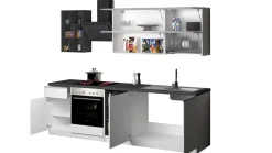 Cucina lineare moderna con maniglie a incasso in allumino Luis in finitura Bianco Lucido e Ardesia