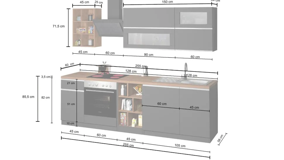 Cucina lineare moderna con maniglie a incasso in allumino Luis in finitura Bianco Lucido e Ardesia