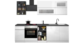 Cucina lineare moderna con maniglie a incasso in allumino Luis in finitura Bianco Lucido e Ardesia