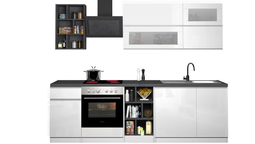 Cucina lineare moderna con maniglie a incasso in allumino Luis in finitura Bianco Lucido e Ardesia