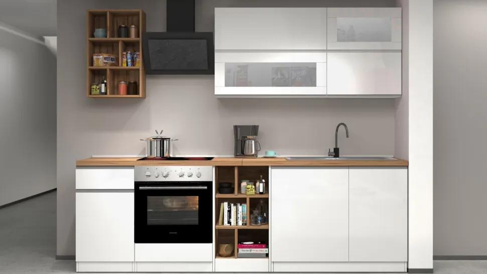 Cucina lineare moderna con maniglie a incasso in allumino Luis in finitura Bianco Lucido e Rovere