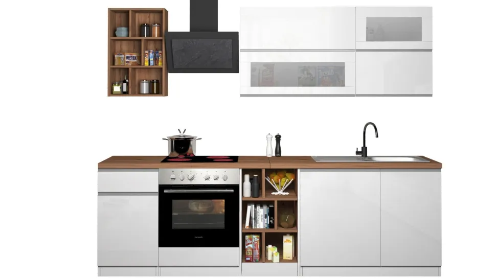 Cucina lineare moderna con maniglie a incasso in allumino Luis in finitura Bianco Lucido e Rovere