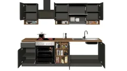 Cucina lineare moderna con maniglie a incasso in allumino Sendy in finitura Antracite Opaco e Rovere