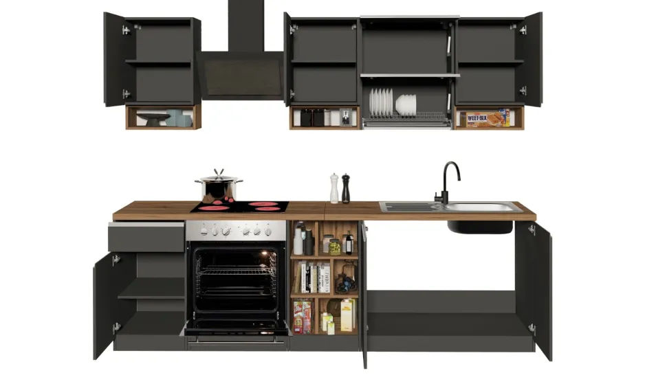 Cucina lineare moderna con maniglie a incasso in allumino Sendy in finitura Antracite Opaco e Rovere