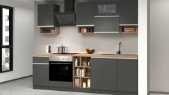Cucina lineare moderna con maniglie a incasso in allumino Sendy in finitura Antracite Opaco e Rovere