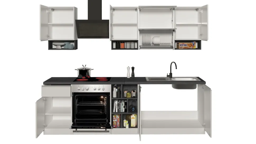 Cucina lineare moderna con maniglie a incasso in allumino Sendy in finitura Bianco Lucido e Ardesia