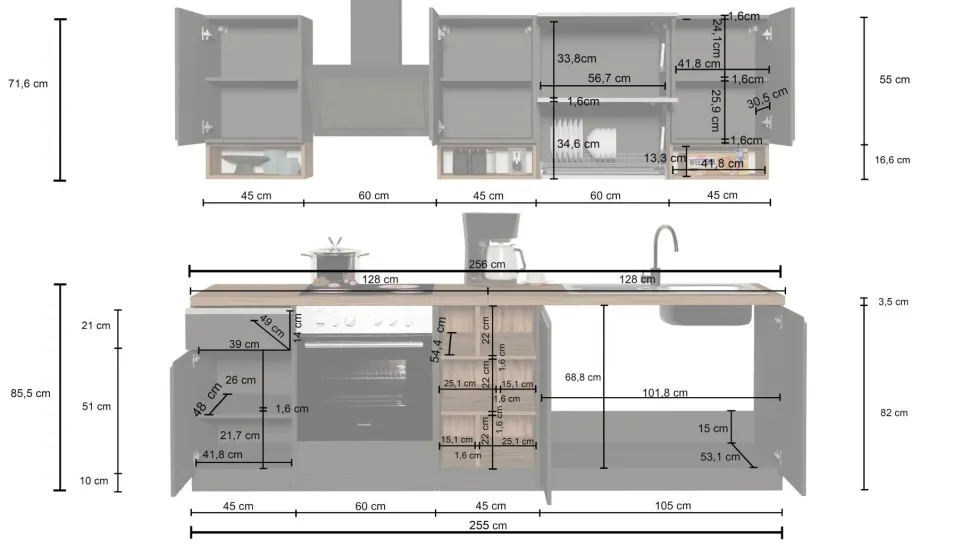 Cucina lineare moderna con maniglie a incasso in allumino Sendy in finitura Bianco Lucido e Ardesia