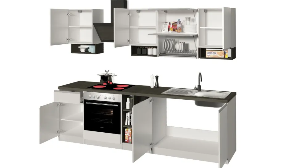 Cucina lineare moderna con maniglie a incasso in allumino Sendy in finitura Bianco Lucido e Ardesia
