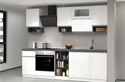 Cucina lineare moderna con maniglie a incasso in allumino Sendy in finitura Bianco Lucido e Ardesia