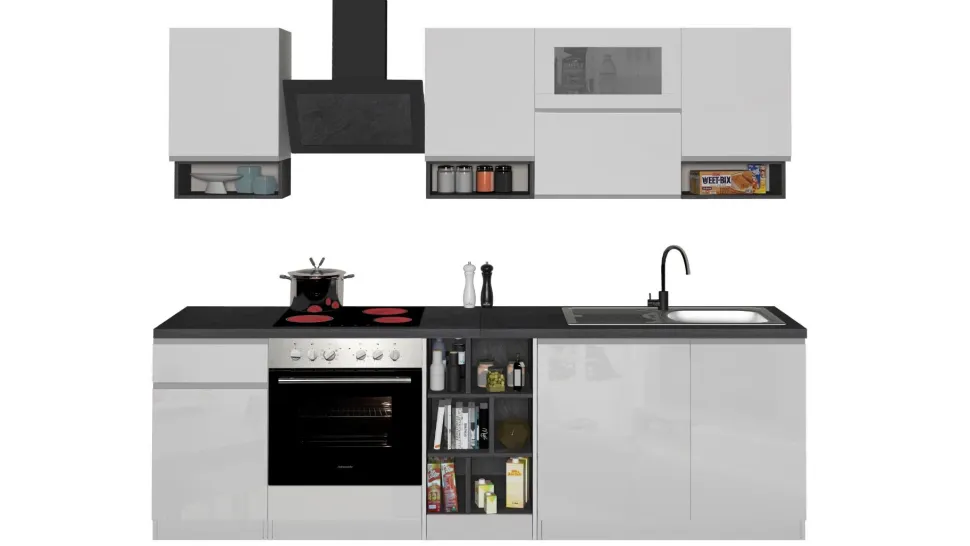 Cucina lineare moderna con maniglie a incasso in allumino Sendy in finitura Bianco Lucido e Ardesia