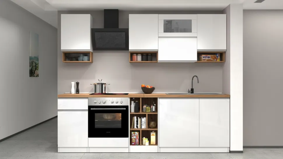 Cucina lineare moderna con maniglie a incasso in allumino Sendy in finitura Bianco Lucido e Rovere