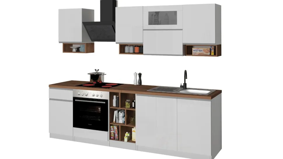Cucina lineare moderna con maniglie a incasso in allumino Sendy in finitura Bianco Lucido e Rovere