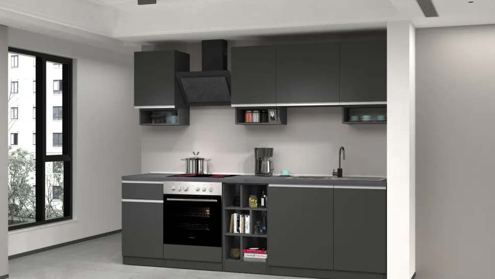 Cucina lineare moderna con maniglie a incasso in allumino Zenit in finitura Antracite Opaco e Ardesia