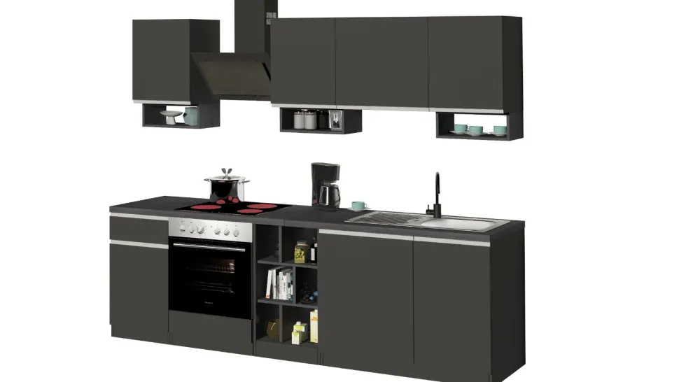 Cucina lineare moderna con maniglie a incasso in allumino Zenit in finitura Antracite Opaco e Ardesia