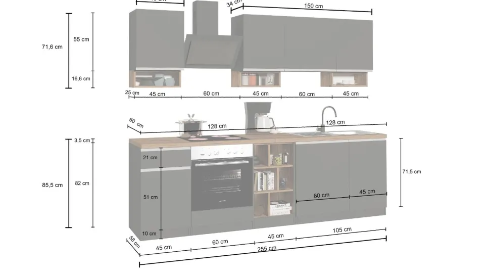 Cucina lineare moderna con maniglie a incasso in allumino Zenit in finitura Antracite Opaco e Ardesia