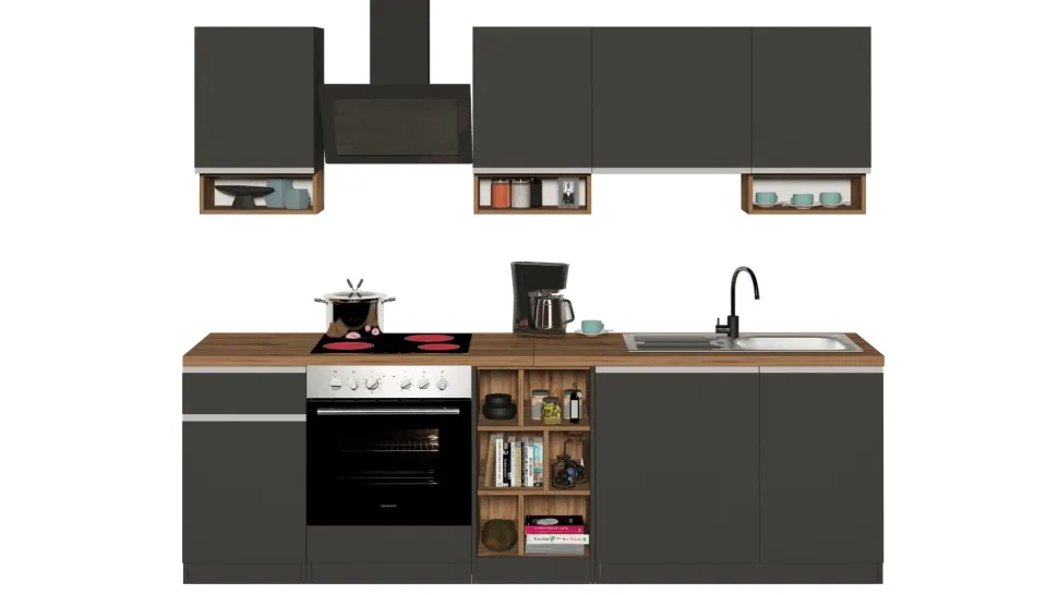Cucina lineare moderna con maniglie a incasso in allumino Zenit in finitura Antracite Opaco e Rovere