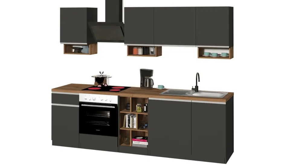 Cucina lineare moderna con maniglie a incasso in allumino Zenit in finitura Antracite Opaco e Rovere