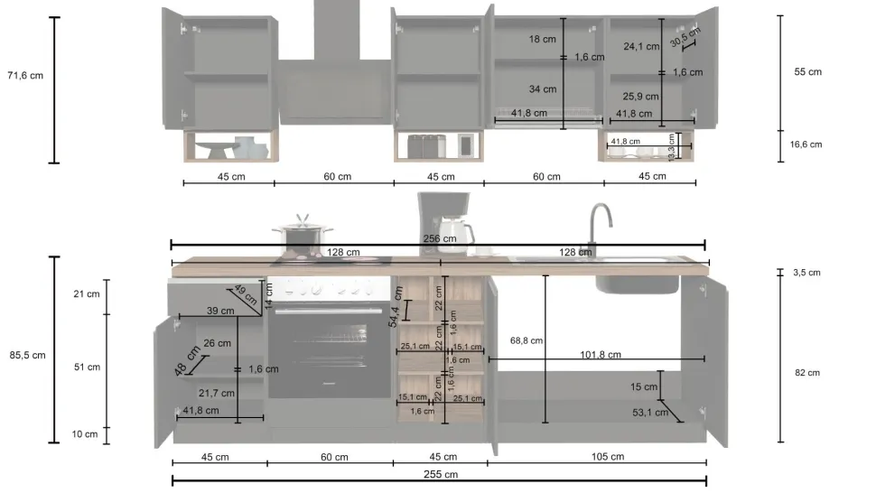 Cucina lineare moderna con maniglie a incasso in allumino Zenit in finitura Antracite Opaco e Rovere
