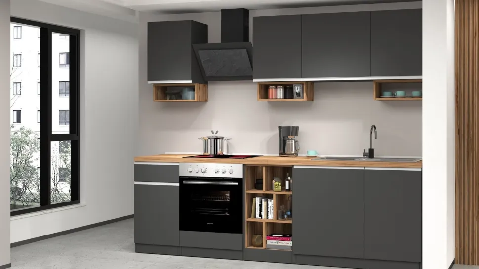 Cucina lineare moderna con maniglie a incasso in allumino Zenit in finitura Antracite Opaco e Rovere