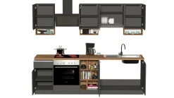 Cucina lineare moderna con maniglie a incasso in allumino Zenit in finitura Antracite Opaco e Rovere