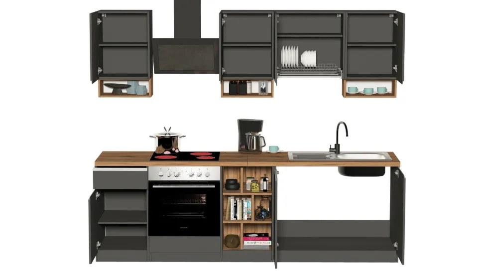 Cucina lineare moderna con maniglie a incasso in allumino Zenit in finitura Antracite Opaco e Rovere