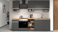 Cucina lineare moderna con maniglie a incasso in allumino Zenit in finitura Antracite Opaco e Rovere