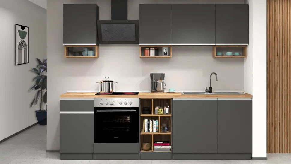 Cucina lineare moderna con maniglie a incasso in allumino Zenit in finitura Antracite Opaco e Rovere