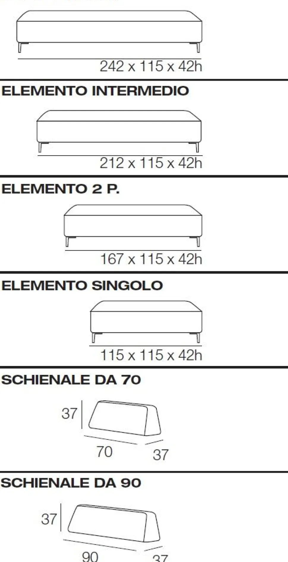 Divano CAPRI componibile imbottito disponibile in diversi tessuti