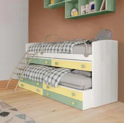 Divano letto con scrittoi estraibili 2 posti letto Smart linea Fly finitura Nuvola Frassino, Salvia e Giallo