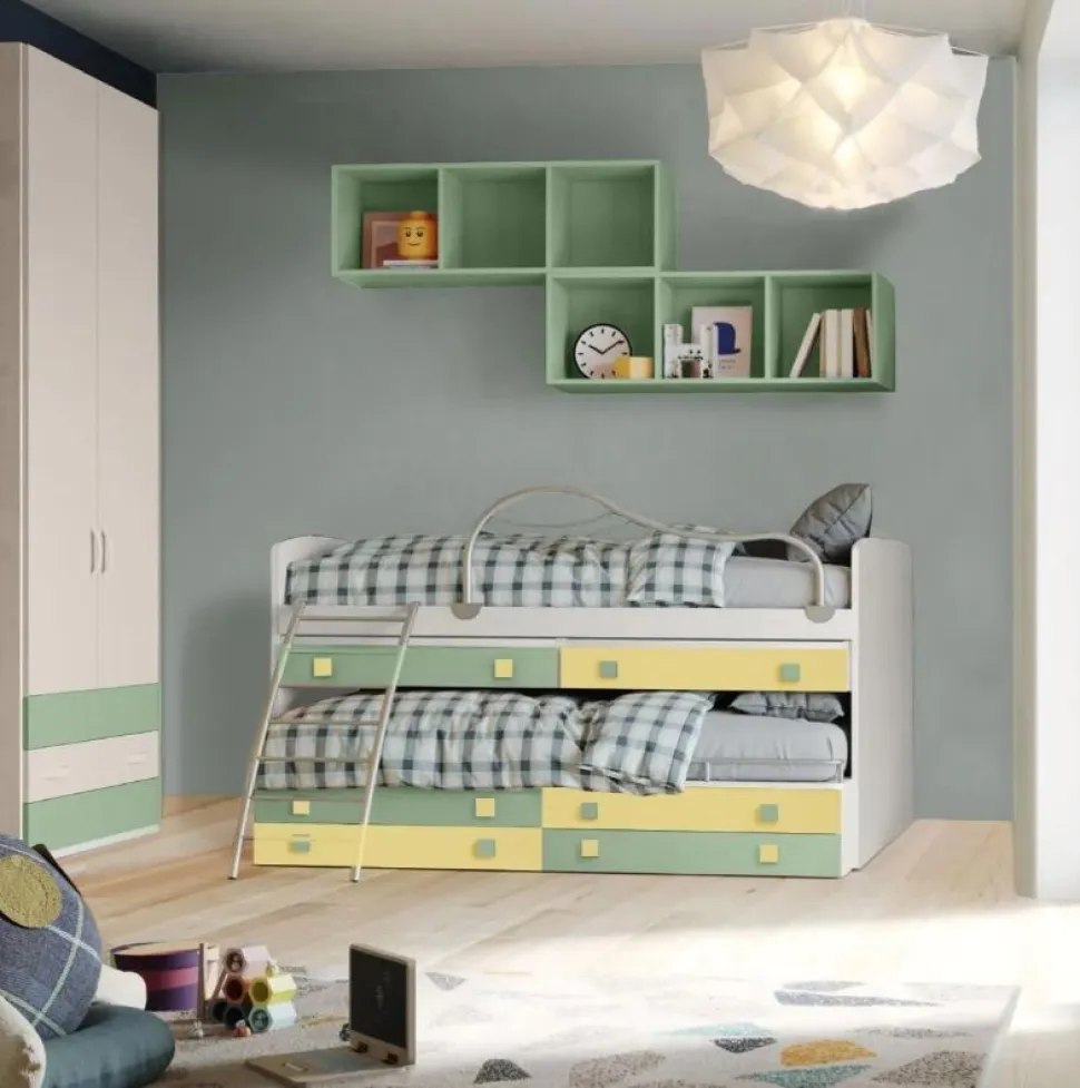 Divano letto con scrittoi estraibili 2 posti letto Smart linea Fly finitura Nuvola Frassino, Salvia e Giallo
