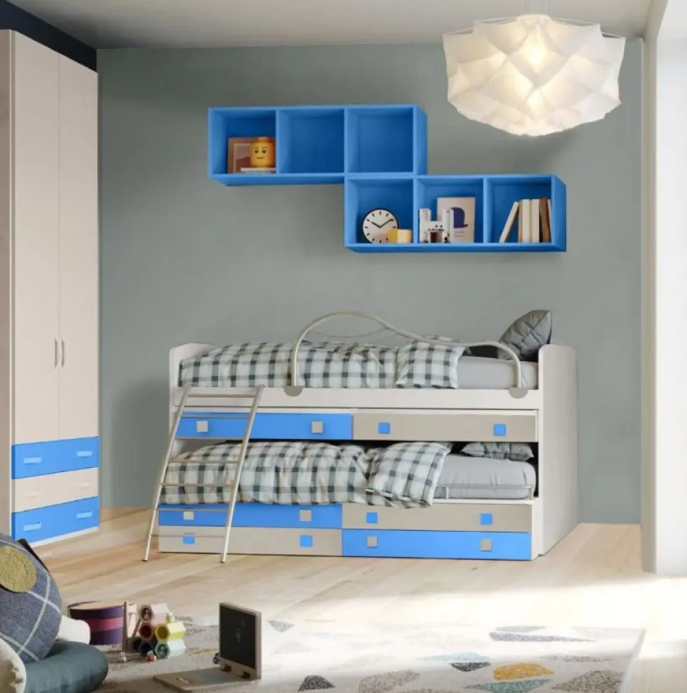 Divano letto con scrittoi estraibili 2 posti letto Smart linea Fly finitura Nuvola Frassino, Avio e Calce