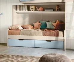Divano letto singolo con cassettoni salvaspazio Olmo e Azzurro disponibile in vari colori