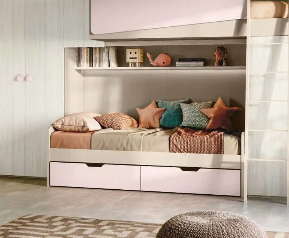 Divano letto singolo con cassettoni salvaspazio Olmo e Azzurro disponibile in vari colori
