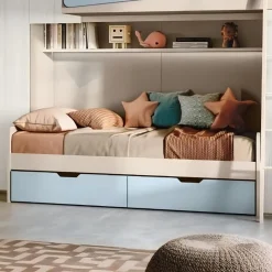 Divano letto singolo con cassettoni salvaspazio Olmo e Azzurro disponibile in vari colori