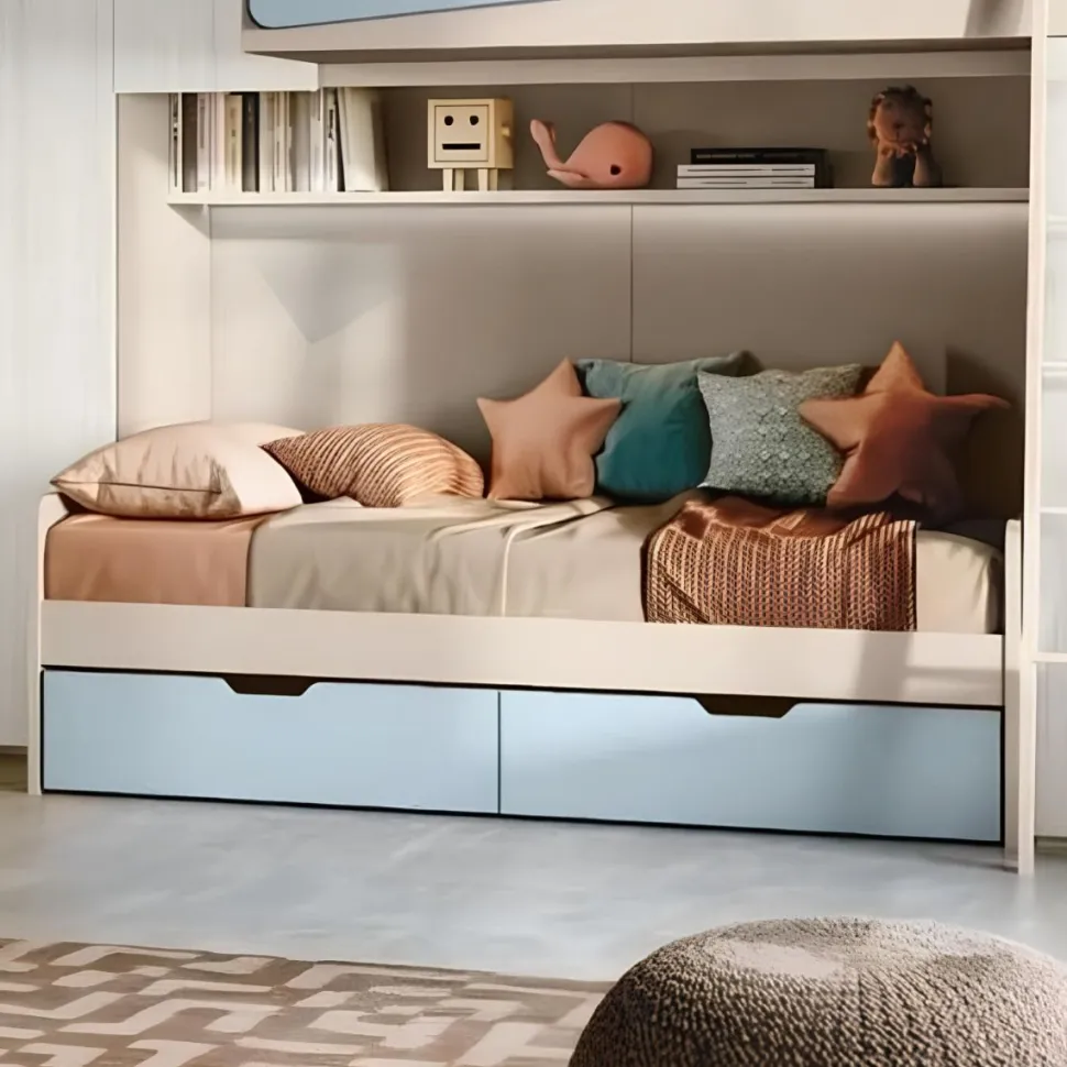 Divano letto singolo con cassettoni salvaspazio Olmo e Azzurro disponibile in vari colori