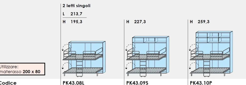 Doppio Letto a scomparsa singolo linea Airone disponibile in 3 misure