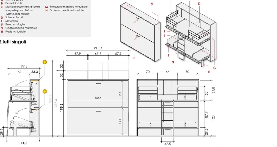 Doppio Letto a scomparsa singolo linea Airone disponibile in 3 misure