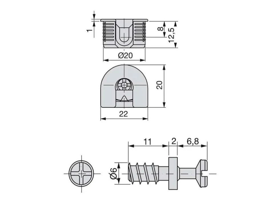 Eccentrici diametro 20 mm e tiranti diametro 6 mm o 8 mm per il montaggio di scaffali